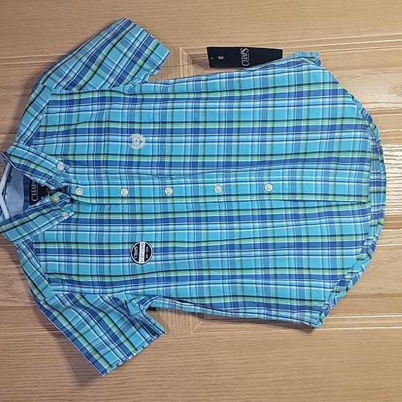 Chaps Boys 4T Button Up Plaid Short Sleeve Shirt with Collar Blue green white - Picture 6 of 7